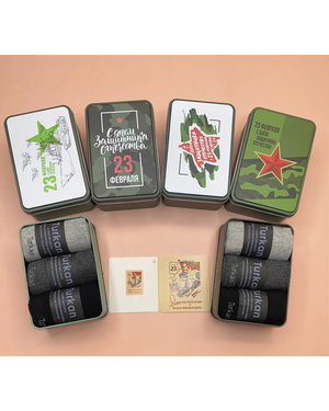 Мужские носки в подарочной упаковке 23 февраля. С ДНЕМ ЗАЩИТНИКА ОТЕЧЕСТВА Размер:41-46 Цена за упаковку: 3пары