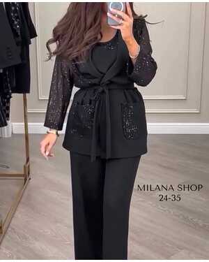 Женский костюм тройка Ткань: Креп и пайетки (пояс в комплекте)