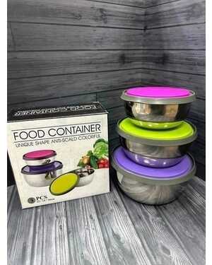 Набор мисок с крышками из нержавеющей стали Размеры емкостей: Ø12х5 см; Ø14х5,5 см; Ø16х6,5 см.