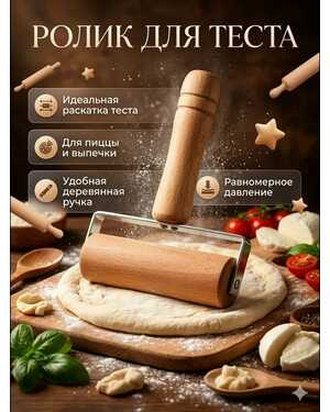 Скалка ролик для теста и пиццы деревянная
