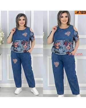 женская двойка. Размер XL (50, 52), 2XL (52, 54), 3XL (54, 56). Фабричный Китай Ткань ХБ, джинсовая, лёгкий