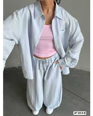 Женский Свободный летний костюм из легкого льна: рубашка oversize и брюки Аладдин на резинке. Размер 42-48 (One-size)