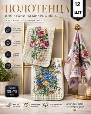 Полотенца для рук и кухни из микрофибры с карабином Размер: 35*75 см. В упаковке 12 шт