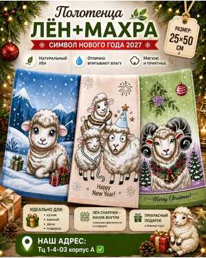 Полотенца для рук и кухни, лён +махра. Внешняя сторона лён, внутренняя махра. Символ нового года 2027 Размер: 25*50см. В упаковке 20 шт