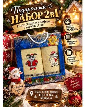 Подарочный набор 2в1 полотенца вафля 25*50 см в коробке (2 шт). Символ Нового года